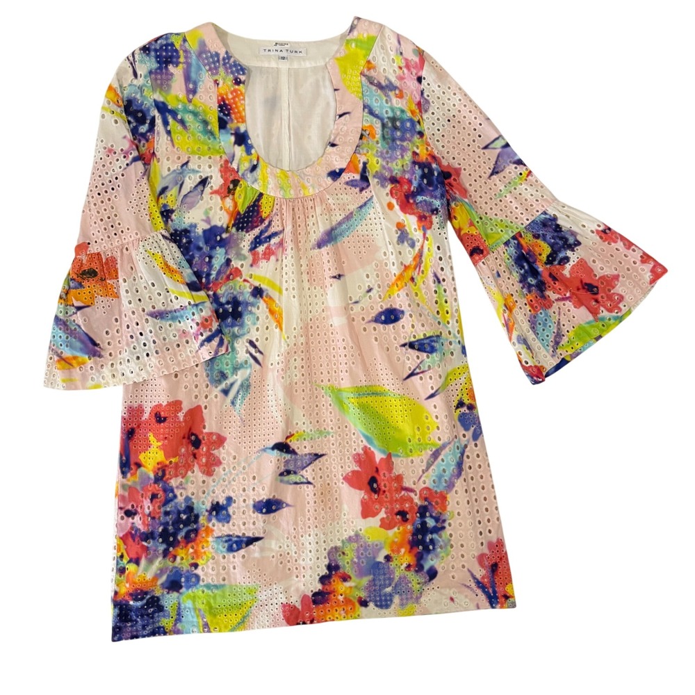 Trina Turk Floral Watercolor Eyelet Bell Sleeve Shift Dress Pink Multi Size 12